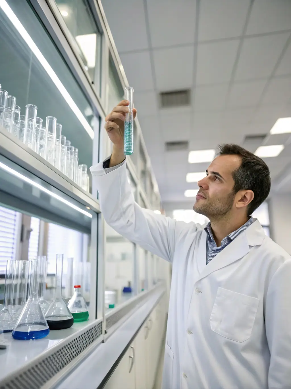A laboratory setting where a scientist is examining a sample of VitalBrew tea, highlighting the scientific rigor behind the formulation and quality control processes.