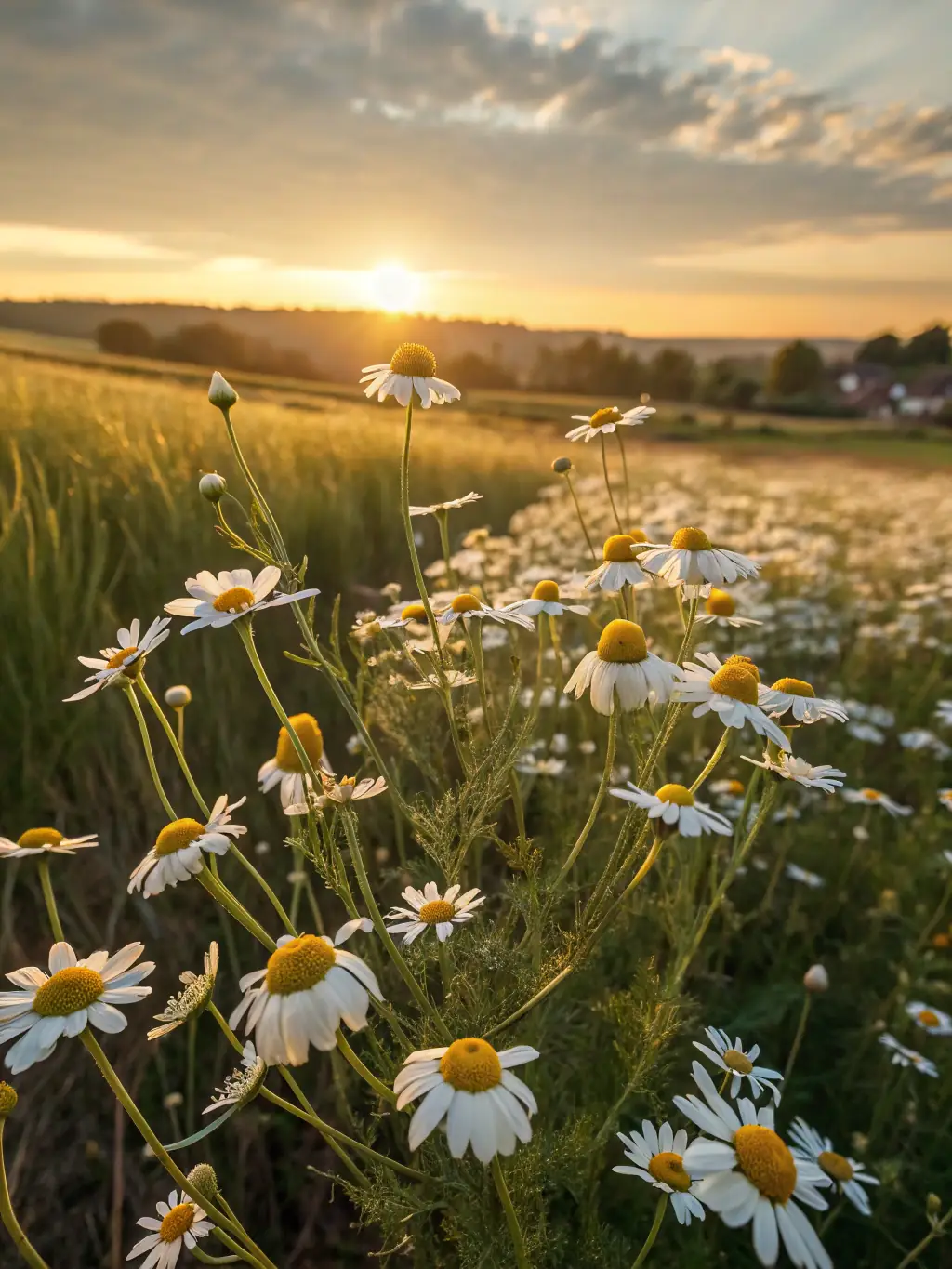 Image of a verdant, organic chamomile field at sunrise, emphasizing the calming and soothing qualities of the herb, a key ingredient in VitalBrew's wellness blends.