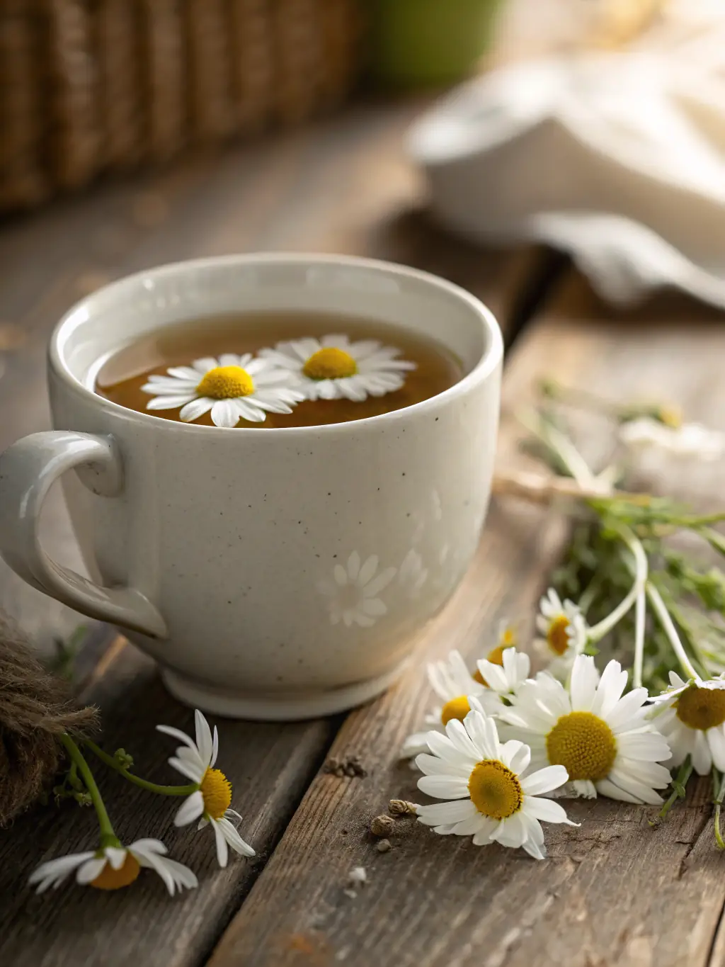 Close-up shot of a steaming cup of VitalBrew tea with visible herbs, emphasizing its immune-boosting properties.